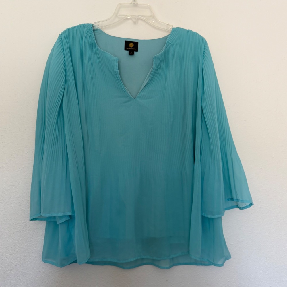 JM Collection Womens Turquoise Blue Pleated Bell Sleeve Blouse 1X 100189453